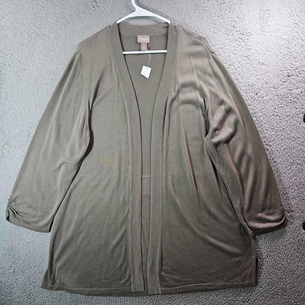 NEW Chico's Open Front Long Cardigan Sweater Size 3 Greenish Gray